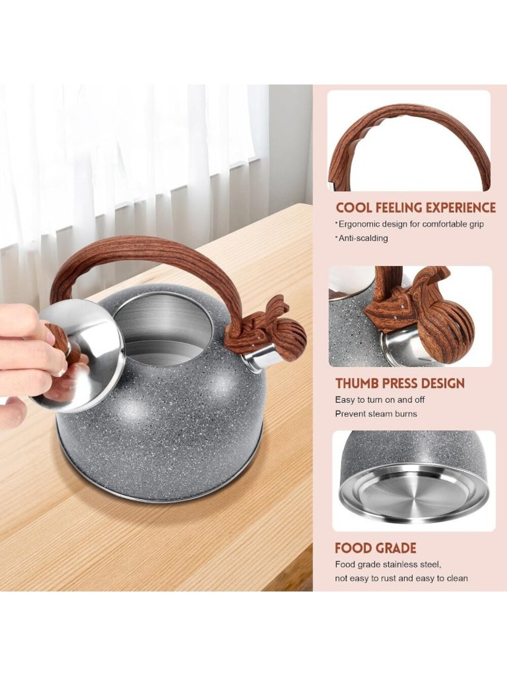 GGC 3.1QT Starry Grey Stainless Steel Whistling Tea Kettle For Kitchen Stove Top - Picture 3 of 6
